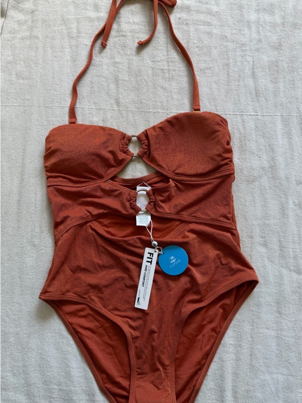 NWT Cupshe Metallic Burnt Orange O-Ring Cutout One Piece Swimsuit Monokini Med M - Picture 2 of 10